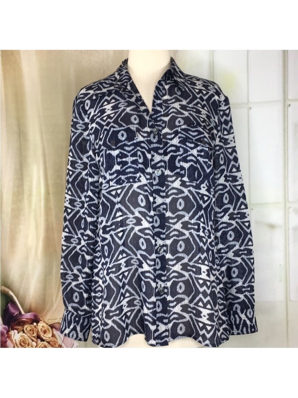 ANNE Klein Navy Blue Sheer Blouse M